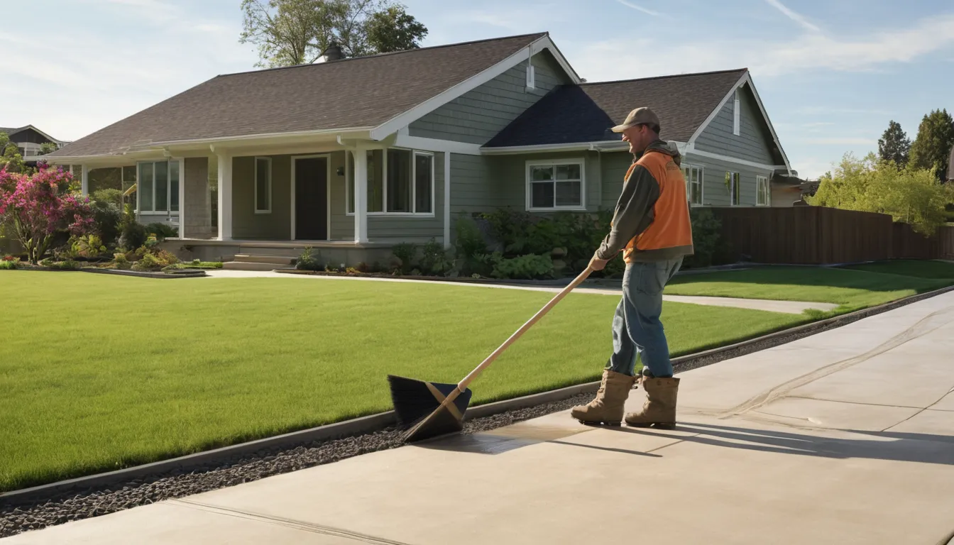 A freshly finished concrete driveway beside a frame house in Grafton, with a provider smoothing the surface
