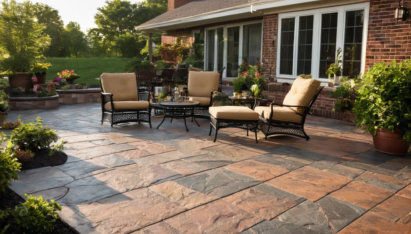 A stamped concrete patio behind a ranch home in Grafton