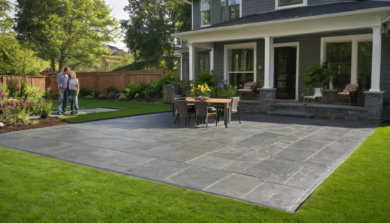 Stamped concrete patio with a slate pattern behind a frame house in the Grafton area